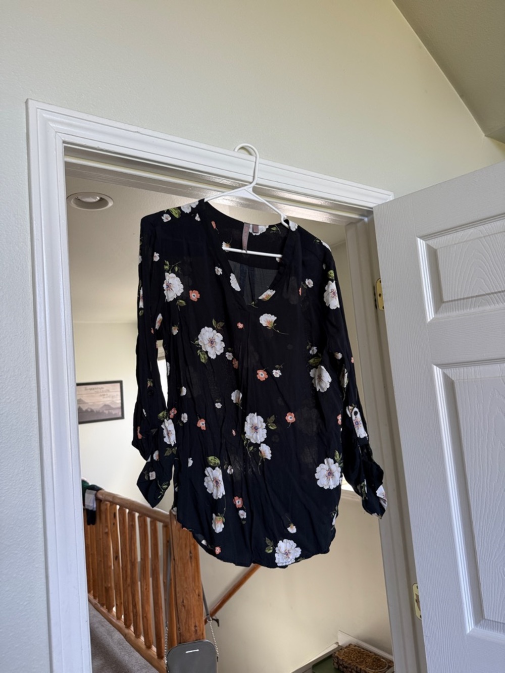 Women's Black Floral V-Neck Blouse with Long Sleeves